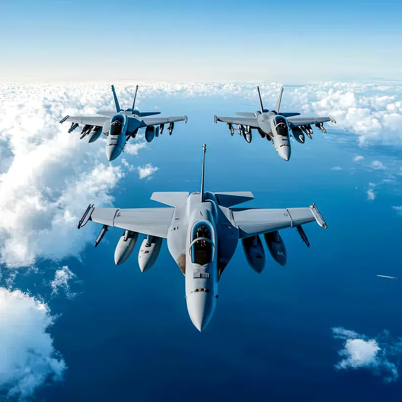 Aerial view of three military fighter jets flying in formation above the clouds, showcasing sleek designs against a blue sky.