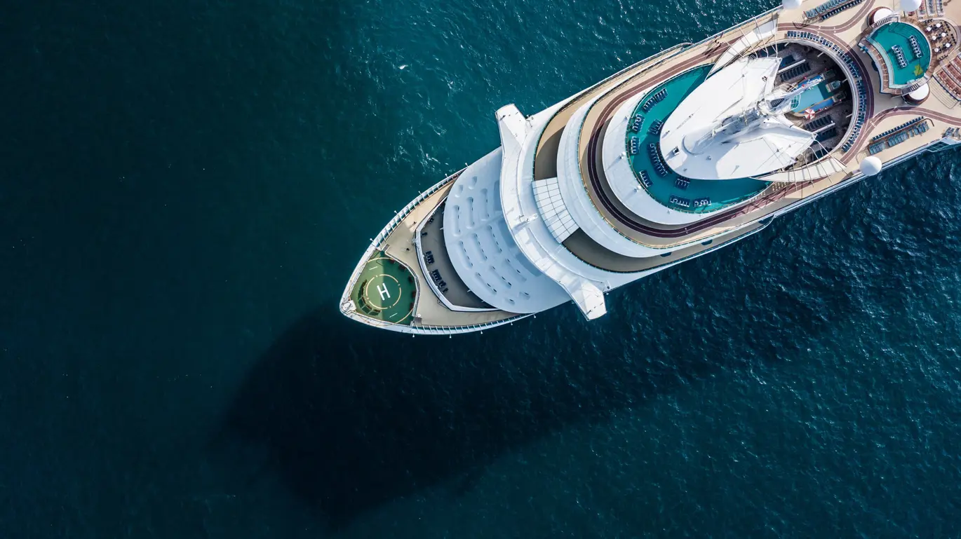 Yacht Deck Aerial View, in green/bue ocean