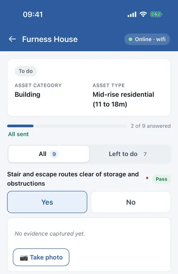 The RiskFlag app showing a fire safety walkround checklist