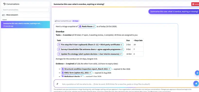 The RiskFlag AI assistant summarising what is overdue, expiring or missing on a building safety case