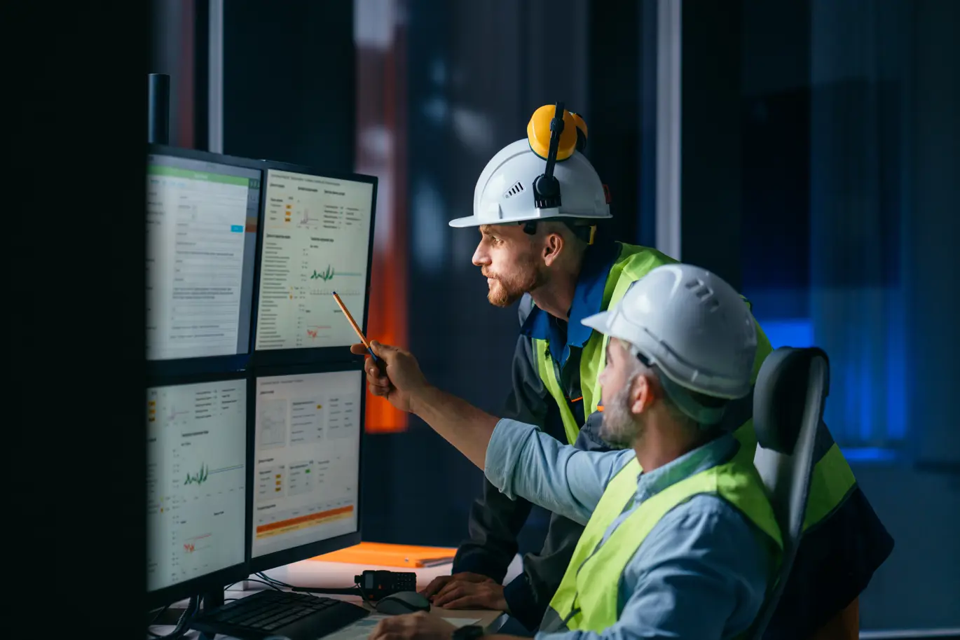 Two white men in construction hats and hi vis vests reviewing content on three computer screens.