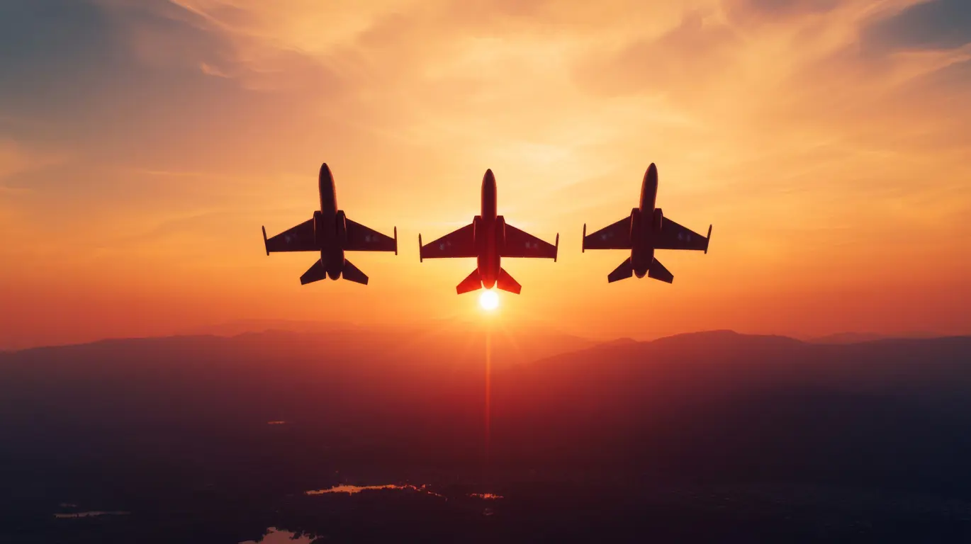 Three planes flying in formation at sunset